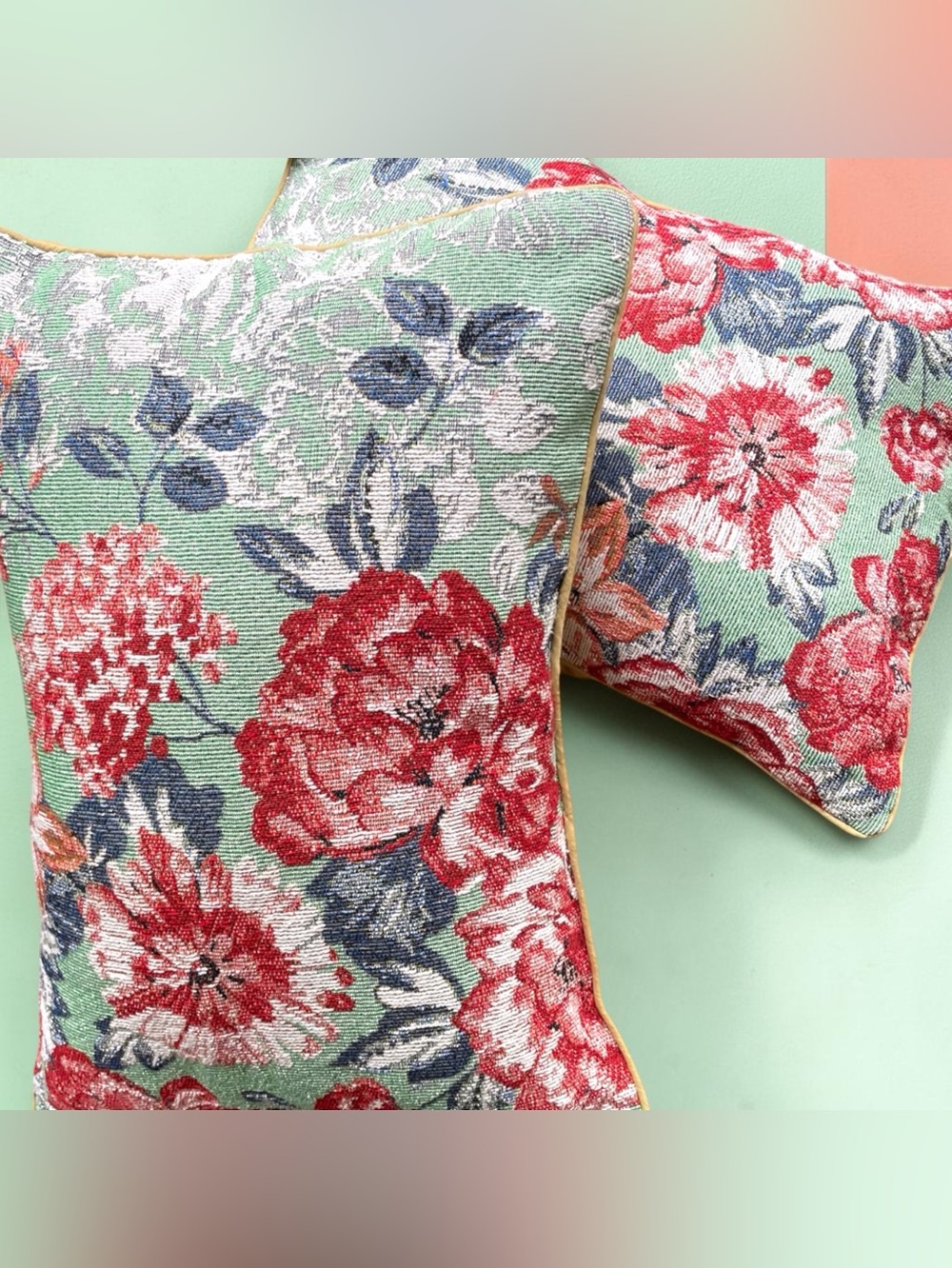 Set of 2 vintage lumber pillows with floral tapestry, clean and sanitized
